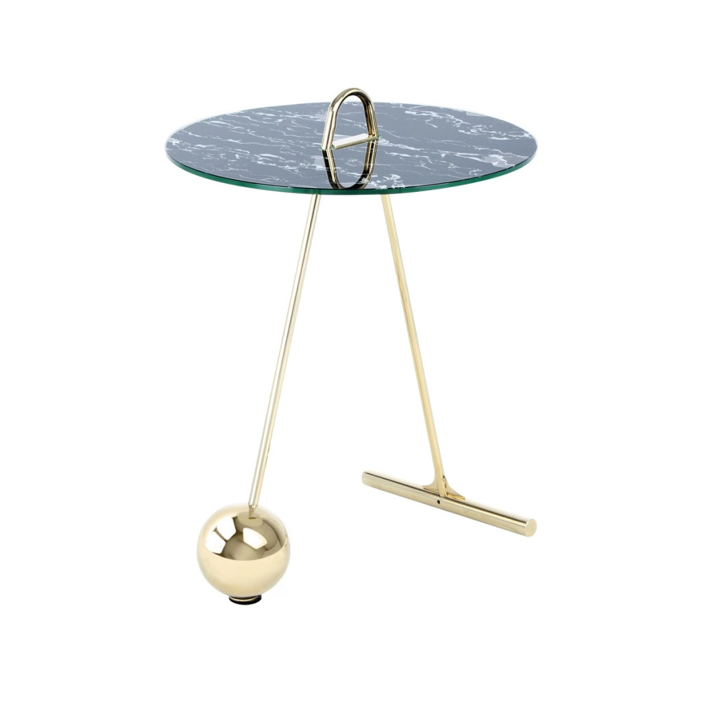 Tavolino di design Pendulum in oro e vetro effetto marmo nero