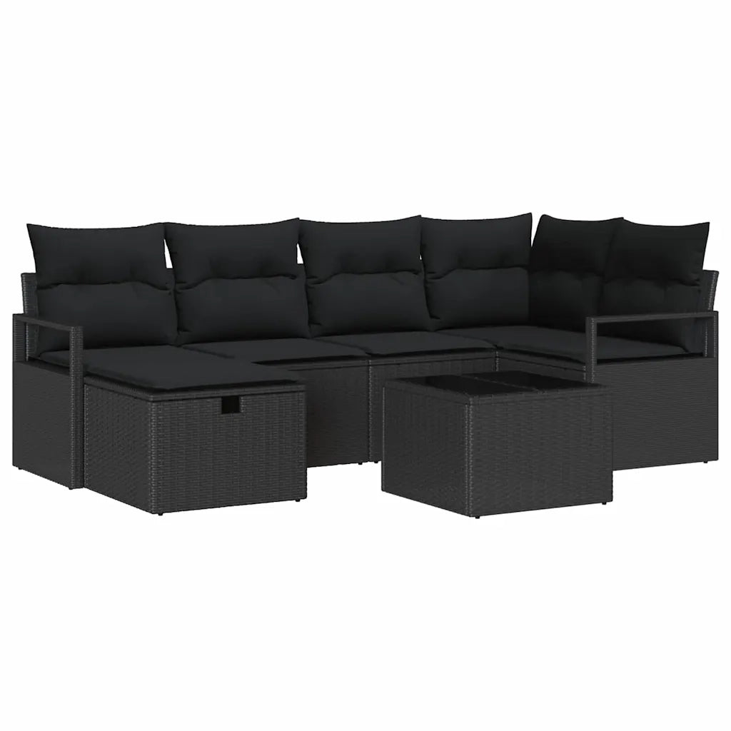 Set di divani con cuscino con archiviazione Nero polyrattan