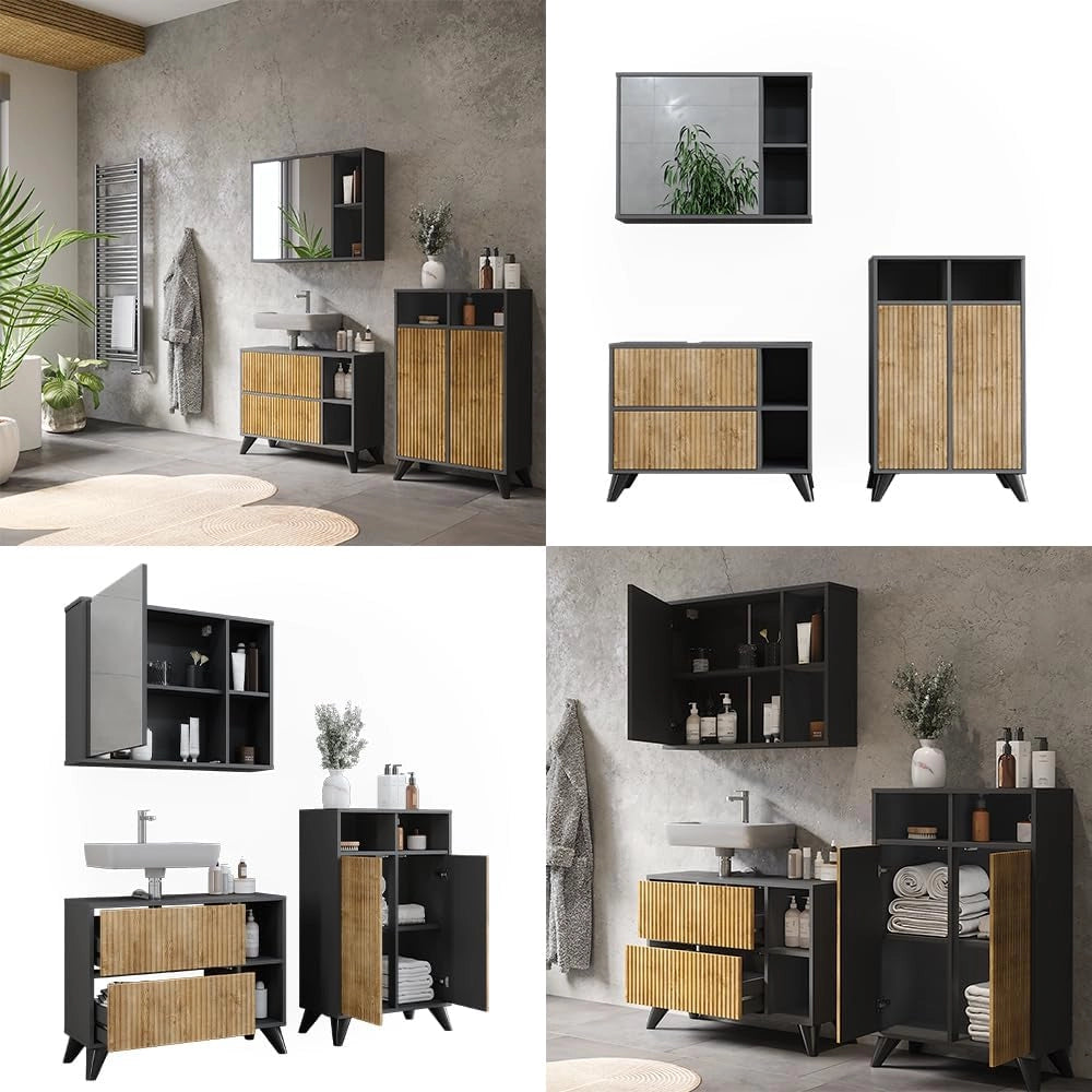 Set di mobili da bagno Leano, Antracite/quercia di montagna, 80 cm, composto da mobile sottolavabo, specchiera e mobile medio