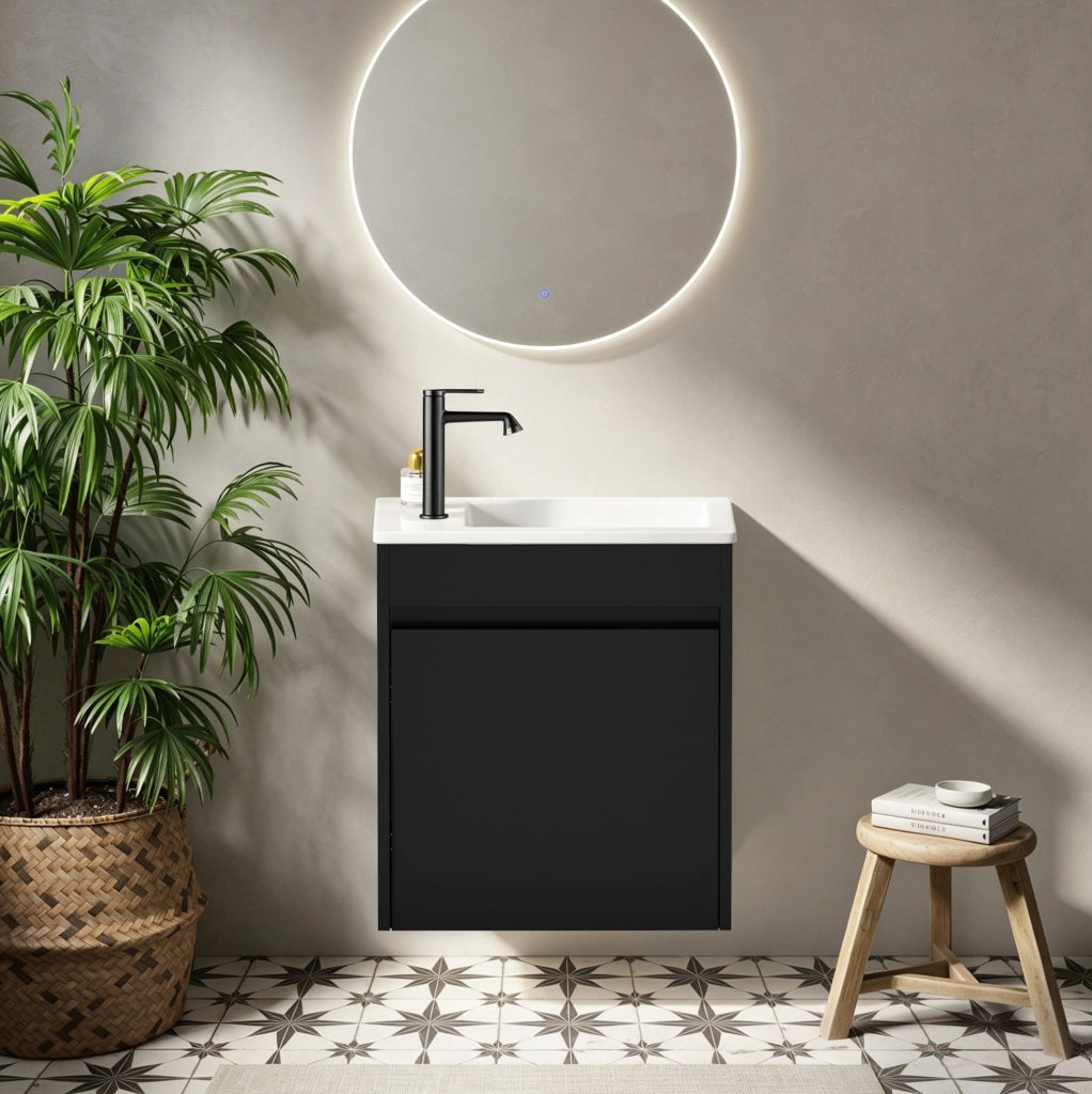 Mobile bagno nero compatto 46 cm con porta soft-close per chiusura silenziosa