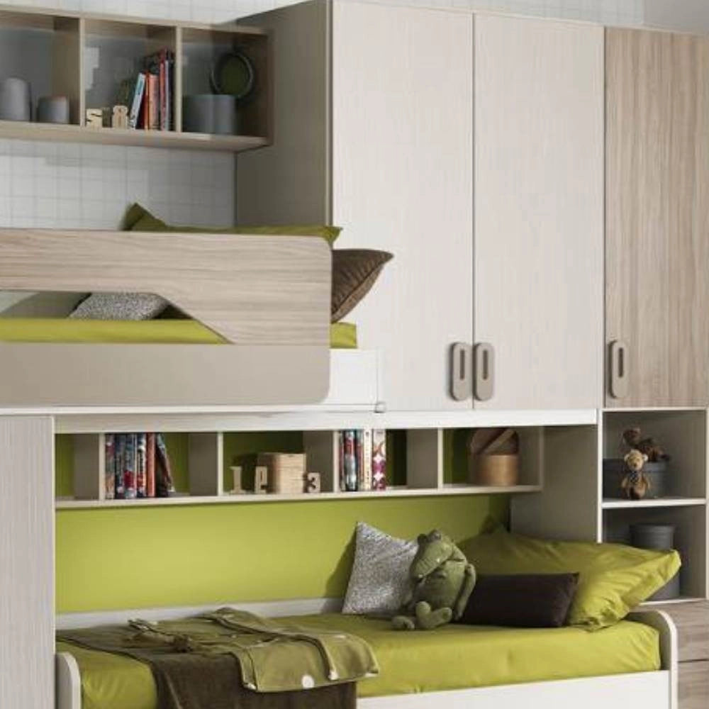 Cameretta soppalco con 3 letti Milly talco verde e brown