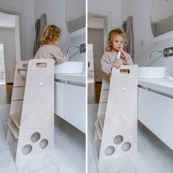 Torre di apprendimento in legno naturale con piastra per bambini dai 2 ai 6 anni - Convertibile in scala, tavolo o seggiolino per bambini - Made in Italy
