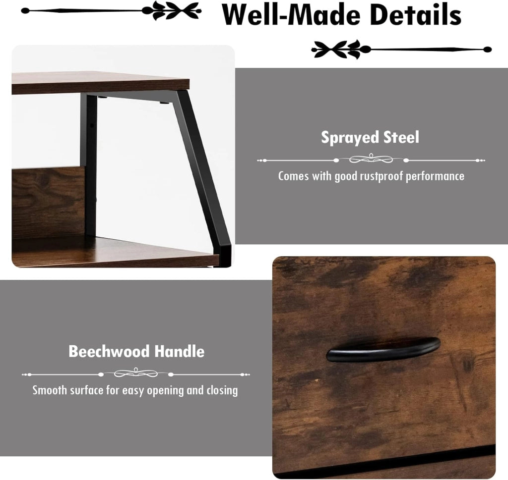 Armadietto verticale con 3 cassetti in tessuto e 2 ripiani aperti, comodino con protezione anti-ribaltamento, armadietto, cassettiera, 45 x 30 x 92 cm, stile industriale