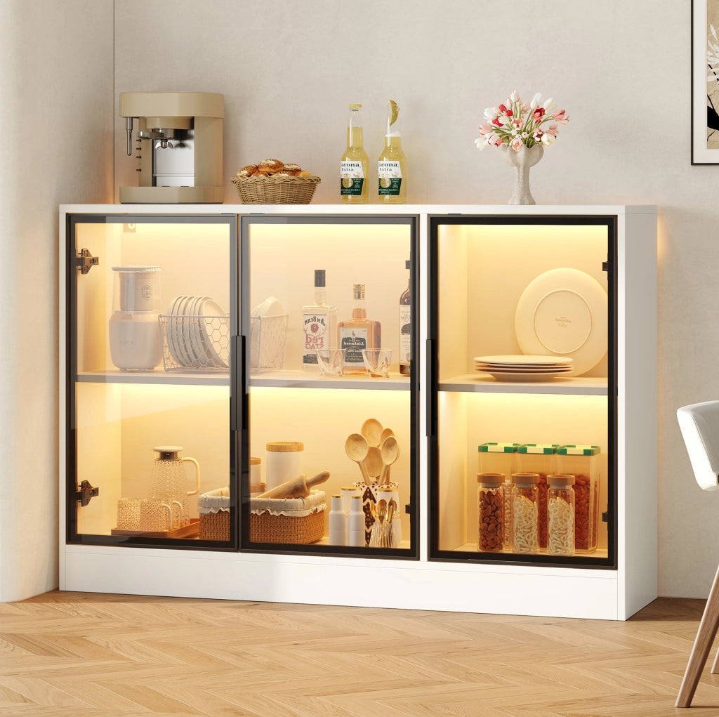 Vetrina in legno truciolare 120 x 30 x 73 cm bianca con frontali in vetro grigio e LED