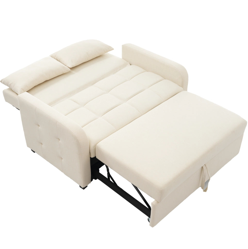 Divano letto pieghevole beige con schienale regolabile e due cuscini per ambienti compatti