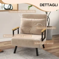 Poltrona Letto 3 in 1 con Schienale Reclinabile e Cuscino, in Tessuto Effetto Velluto, 63x73x81 cm, Beige