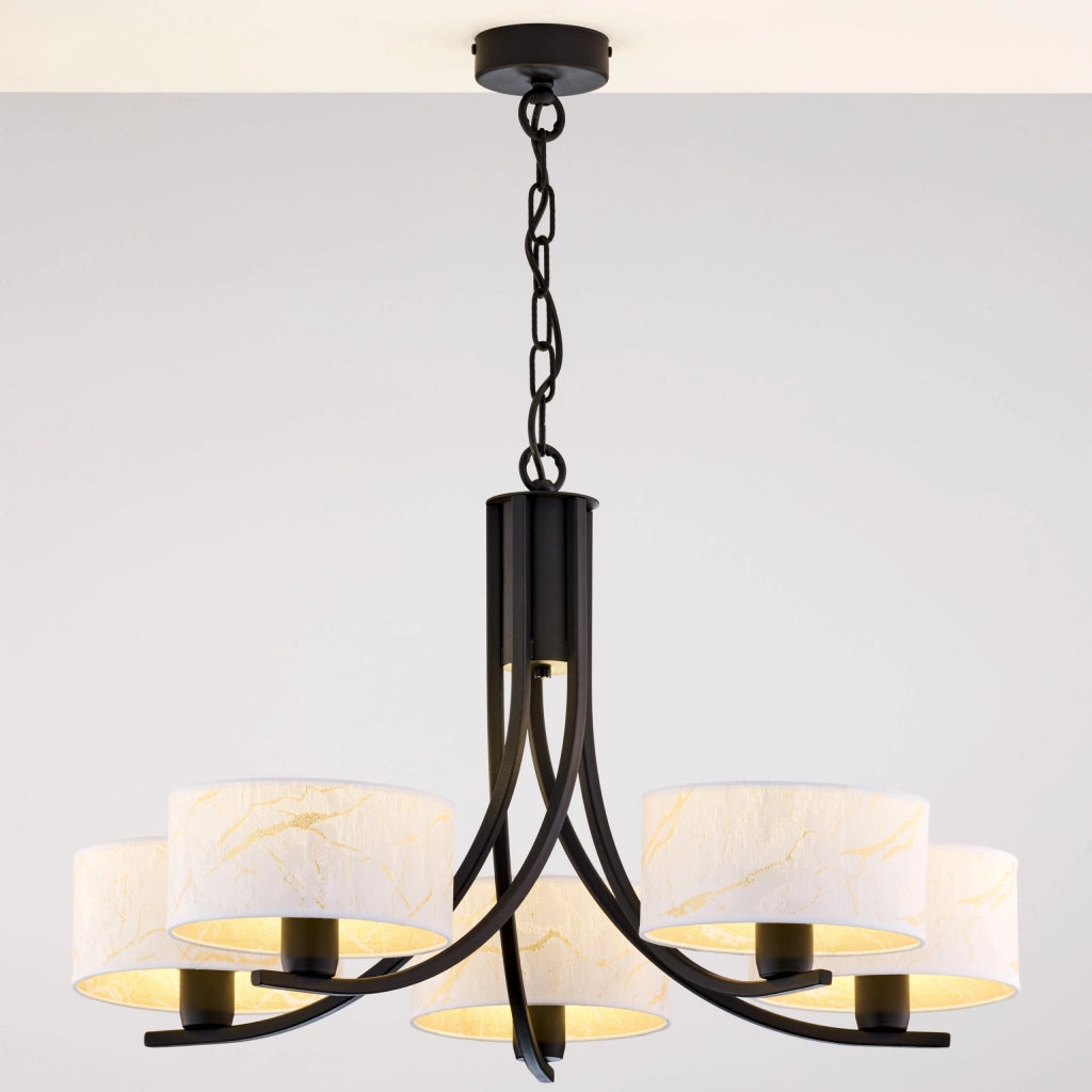 Lampadario nero a catena 5xE27 paralumi bianchi Arthur Jupiter