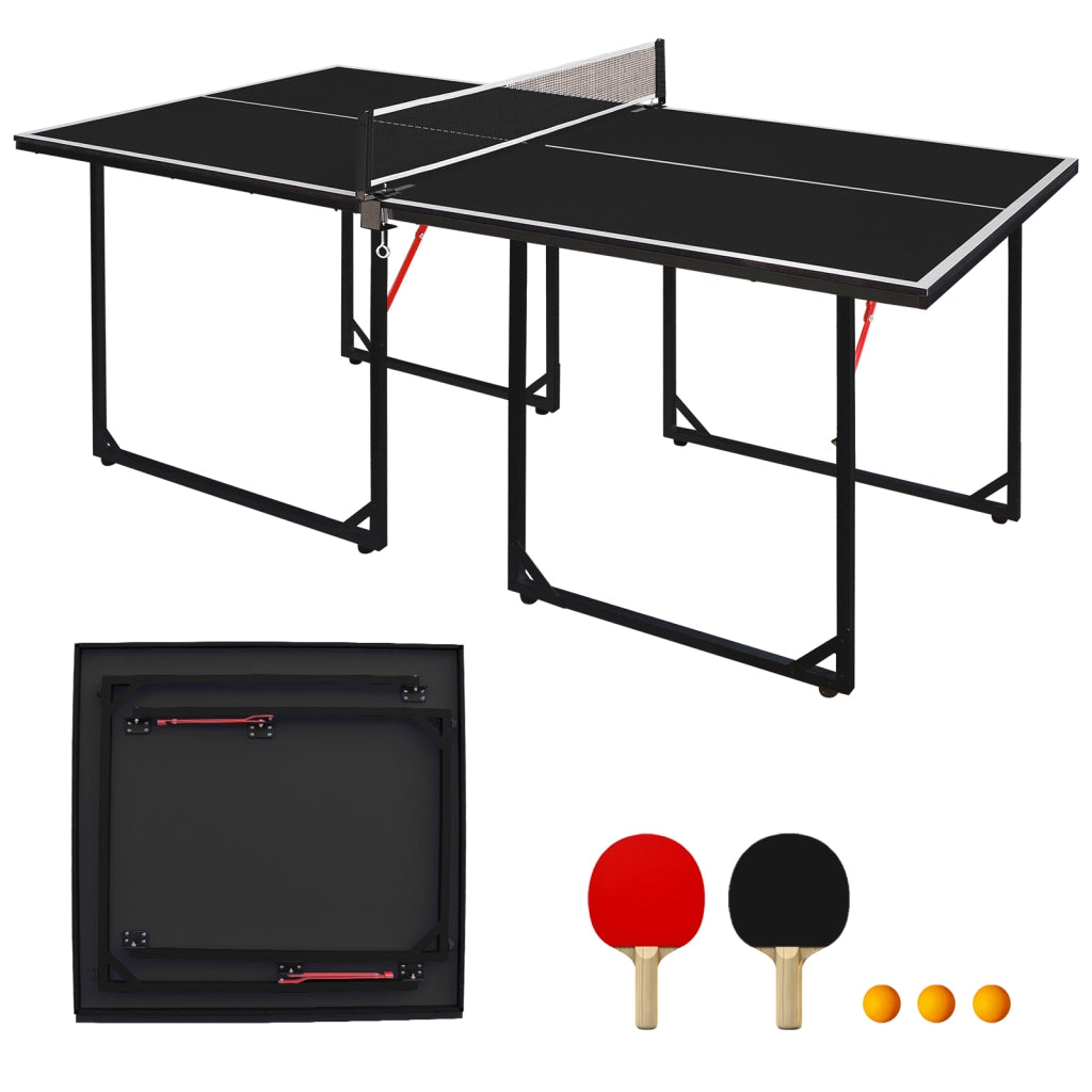 Tavolo da ping pong pieghevole 182 cm, portatile, con rete, 2 racchette e 3 palline, nero