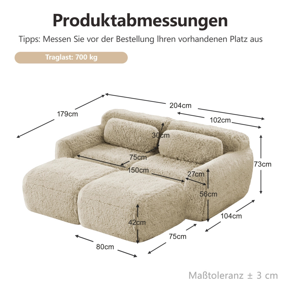Divano Modulare 2 Posti con Pouf Reversibili, Design Senza Struttura, in Peluche, Cachi Chiaro