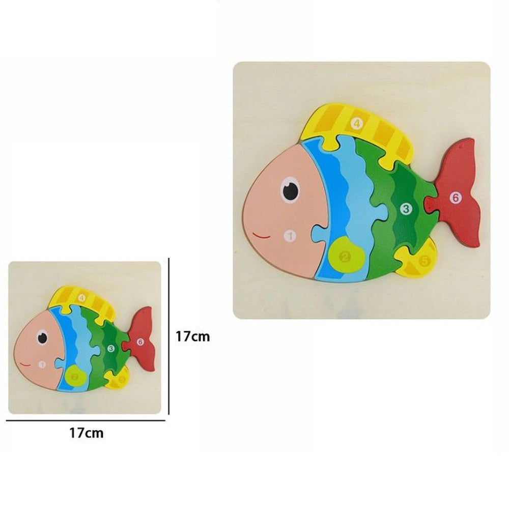 Trade Shop - Puzzle 3d Blocchi Legno Forma Di Pesce Educativo Colorato Gioco Bambini Animali -
