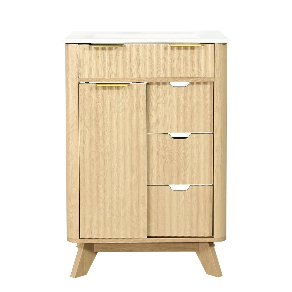 Mobile sottolavabo con 3 cassetti e anta scorrevole - per bagno - in MDF e ceramica - 61x47x90 cm - legno naturale