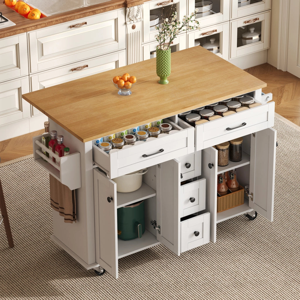 Carrello cucina multifunzionale con piano allungabile, 5 cassetti, armadietti, porta spezie e porta asciugamani