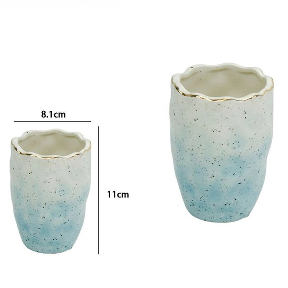 Trade Shop - Bicchiere Porta Spazzolini Dentifricio Bianco Azzurro Effetto Pietra Bagno 79272 -