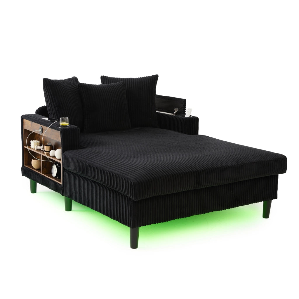Chaiselongue multifunzione in velluto a coste con porta bicchieri, LED, USB e vano contenitore