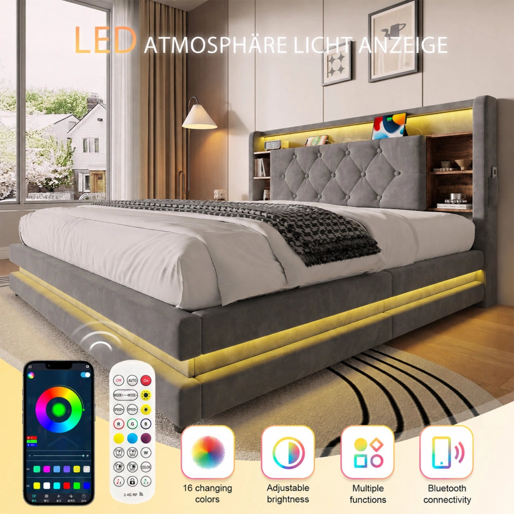 LETTO Contenitore 140x200 cm in velluto grigio con testiera multifunzione