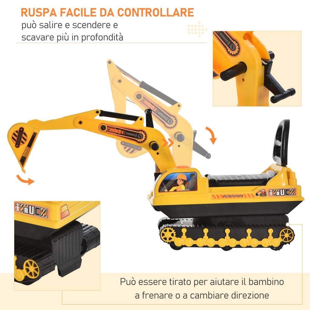 EasyComfort Escavatore Ruspa Giocattolo Cavalcabile per Bambini max. 30 kg con Schienale, Braccio Mobile e Vano Contenitore, 78x24x58.5cm