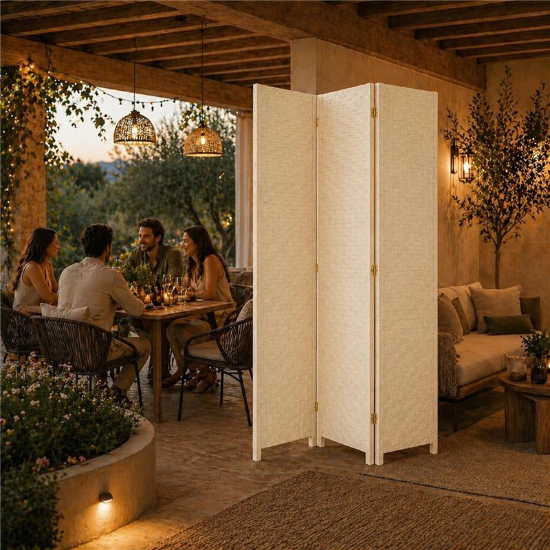 SEPARE' CON TRE PANNELLI IN PLASTICA BEIGE CON STRUTTURA IN LEGNO MISURE: 180X135CM