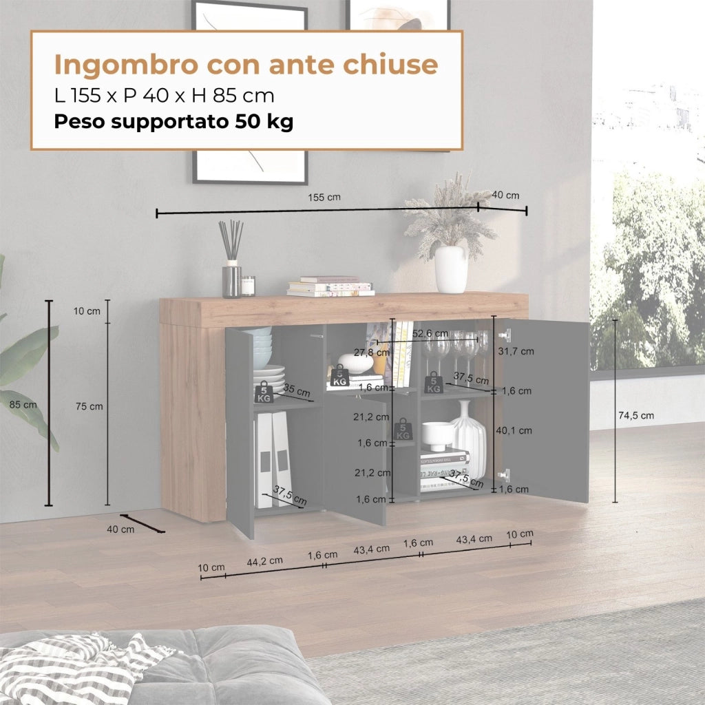 WHOUS Credenza Chronos 3 ante e 1 vano antracite opaco e rovere 155x40x85 cm