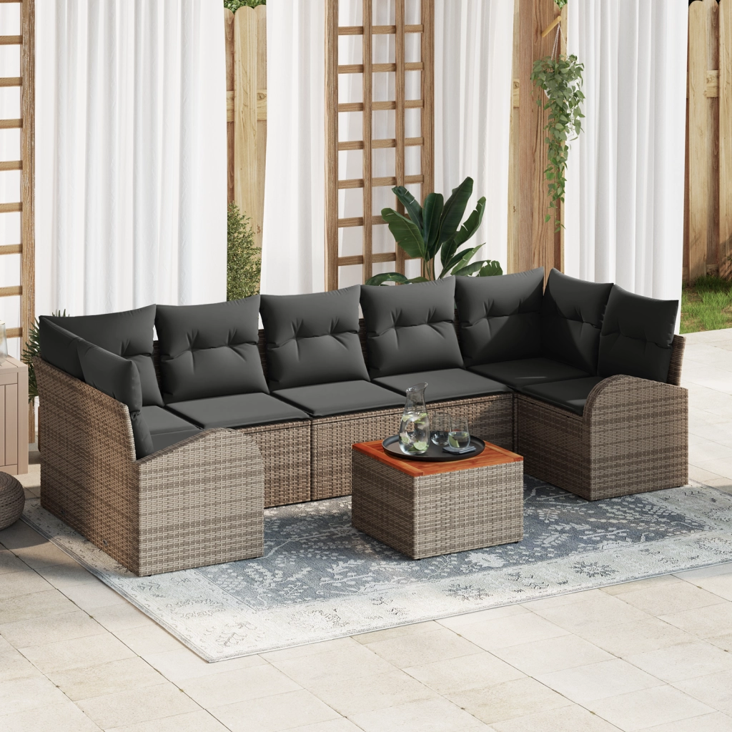 Set Divano da Giardino da 8 Pezzi con Cuscini Grigio Polyrattan Acacia