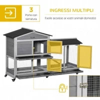 Conigliera a 2 Livelli con Rete Protettiva e Rotelle in Legno e Metallo, 157.4x53x99.5 cm, Grigio
