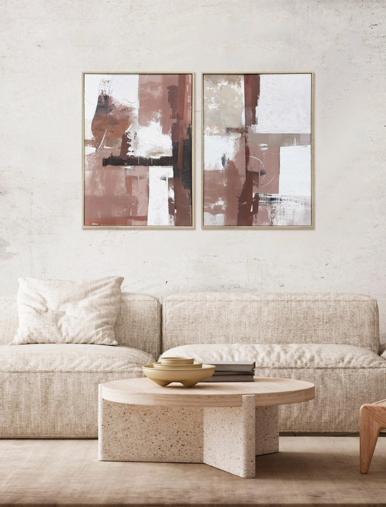 Dittico di tele astratte incorniciate Hispanohogar stampa e pittura rosa 72x52