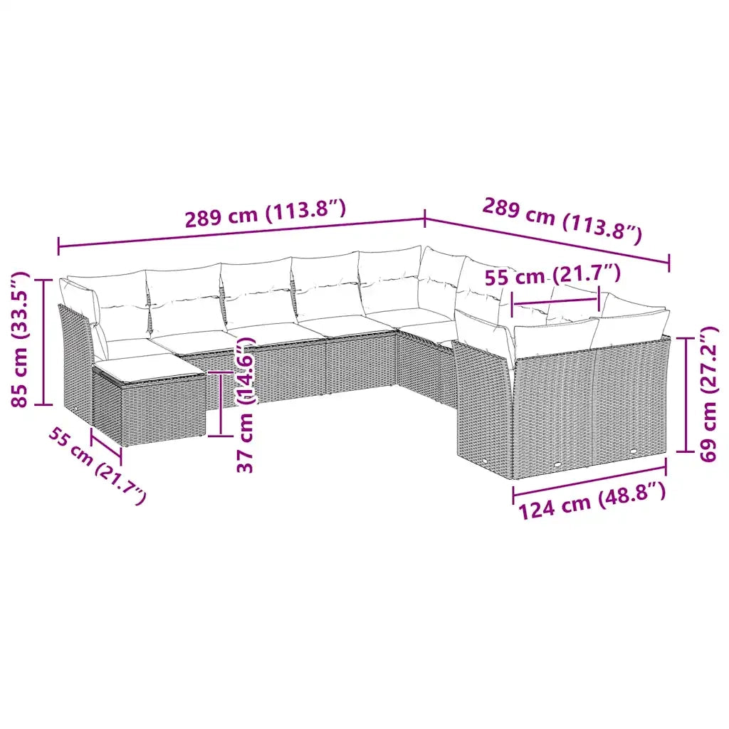 Set Divani da Giardino 11 pz con Cuscini in Polyrattan Grigio