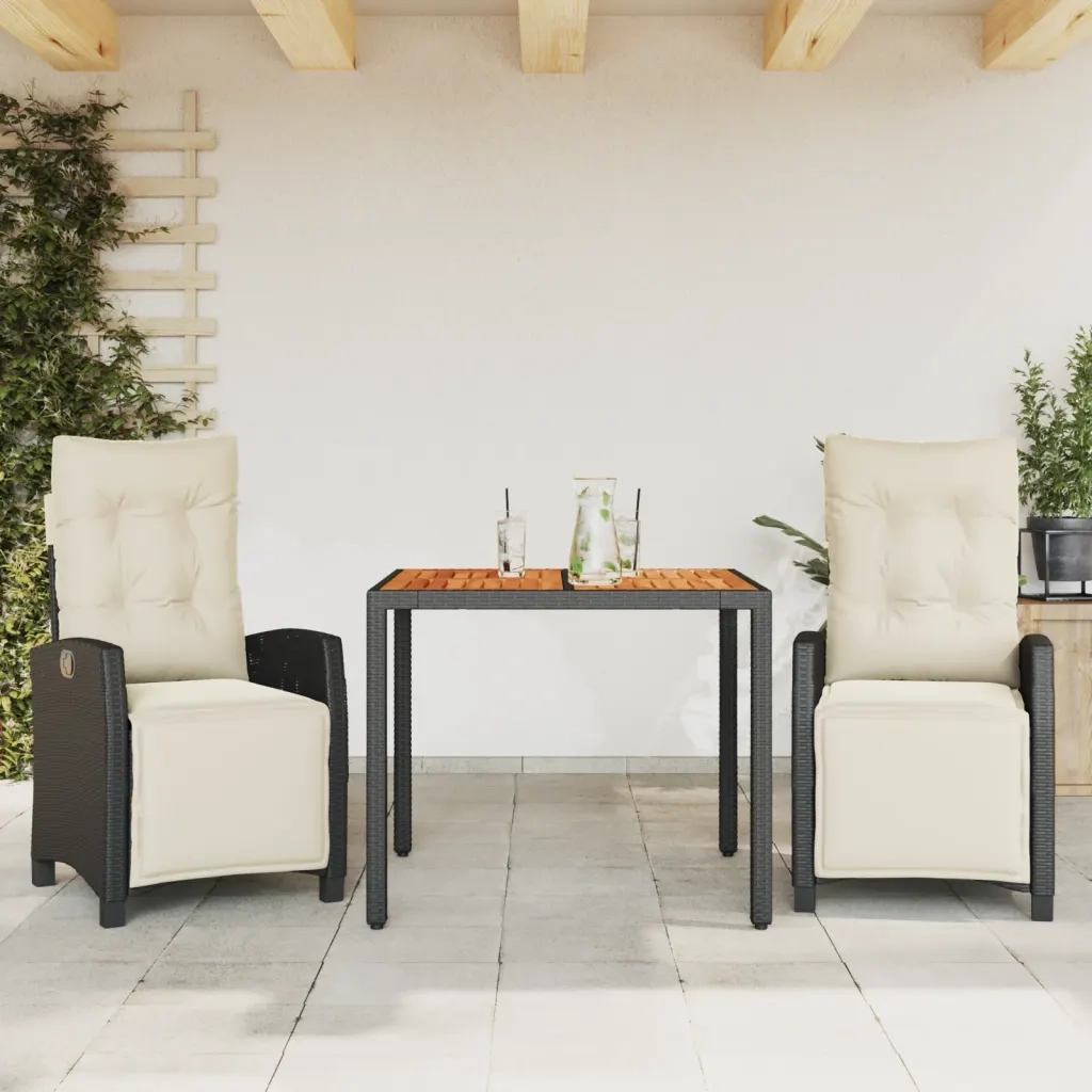 Set da Pranzo da Giardino 3 pz | Set Salotto da Giardino con Cuscini Nero in Polyrattan