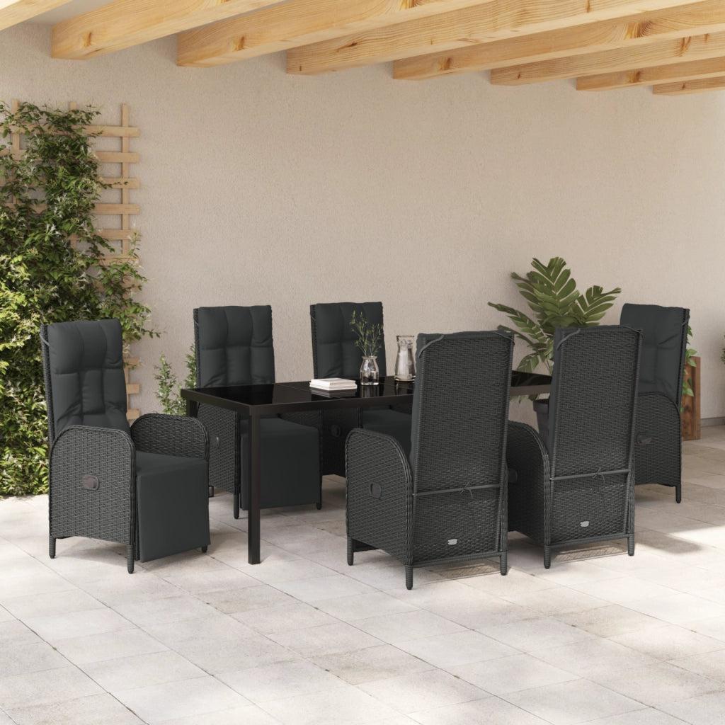 Set da Pranzo da Giardino 7 Pezzi con Cuscini Nero Poly Rattan