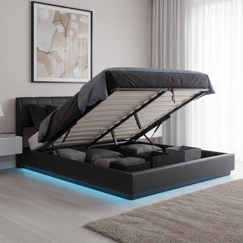 Letto Francese Contenitore Tröstiar con Apertura a Ribalta e Luce LED 140x200 cm - Similpelle Nero [en.casa]