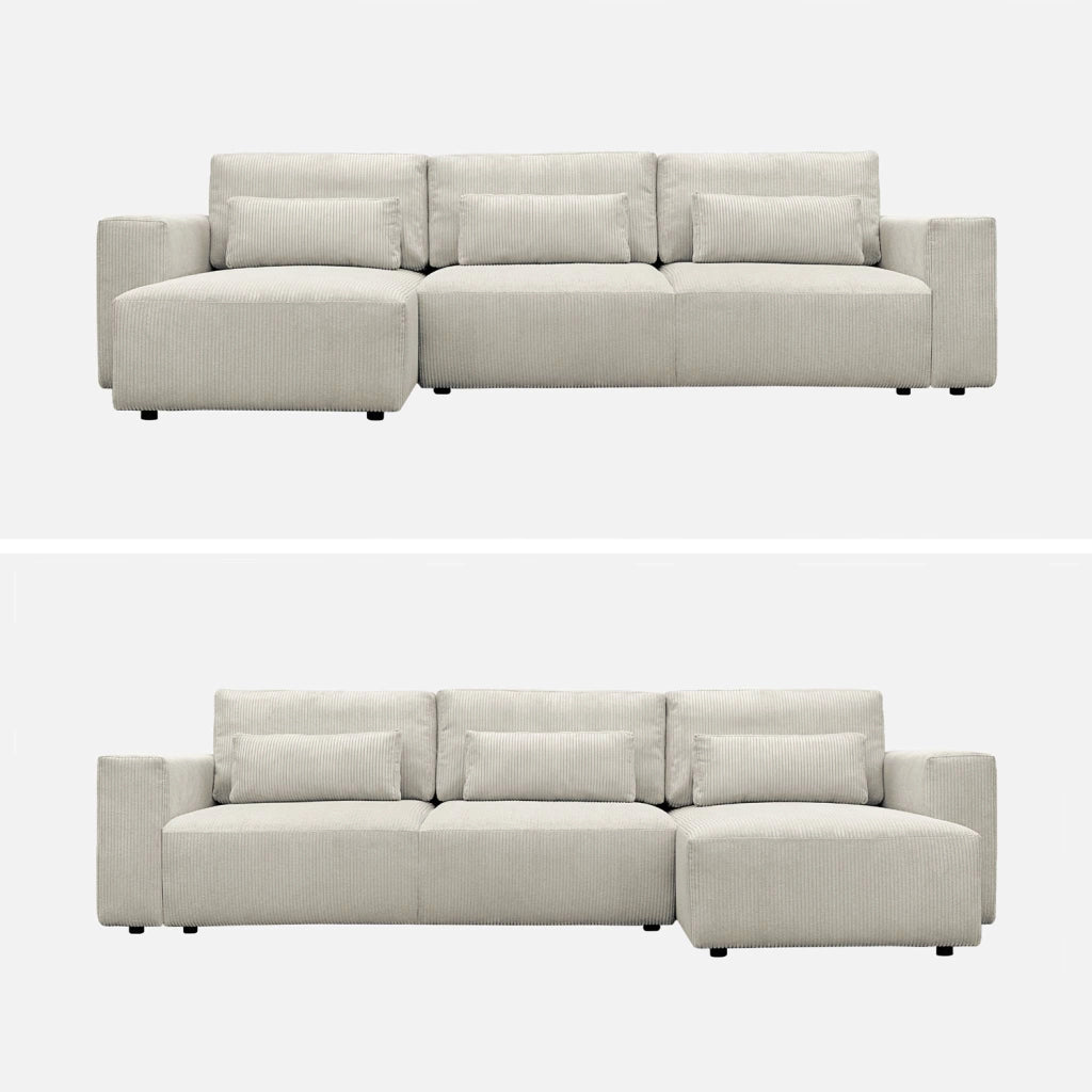 Divano letto angolare reversibile con contenitore in velluto a coste,