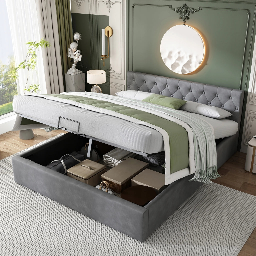 Letto imbottito 140x200 - Xylo - Grigio, meccanismo idraulico