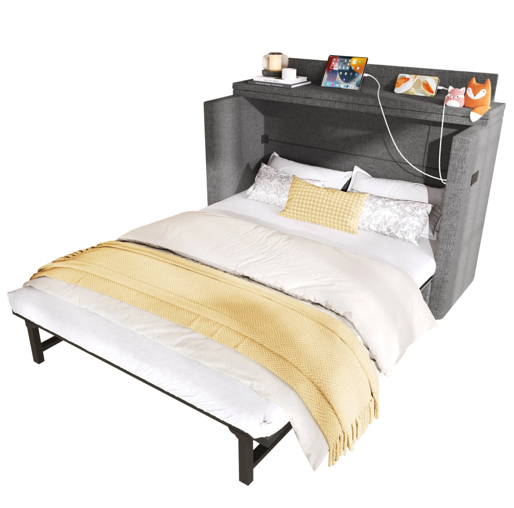 Letto a scomparsa 140x200 con porta USB e Type-C; cassetto e design salvaspazio in lino e MDF grigio