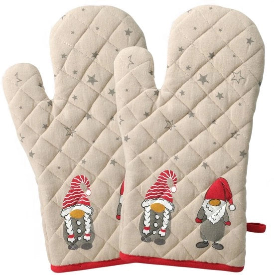 Manopole per festa natale 2 pezzi - Protezione dal calore in cotone - Disegno gnomi - Stampo stelle - Maniglie per appendere - 32 x 16 cm - Manopole per cucina