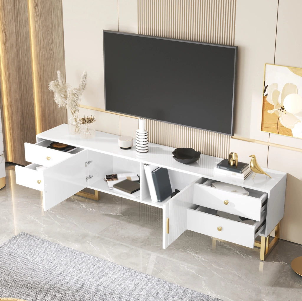 Mobile TV bianco MDF 175 cm con ante strutturate, 4 cassetti e maniglie dorate