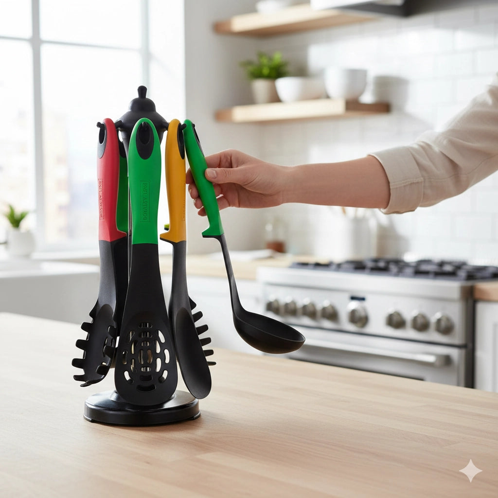 Set 6 Mestoli da Cucina per Uso Alimentare Resistenti al Calore con Supporto Multicolor