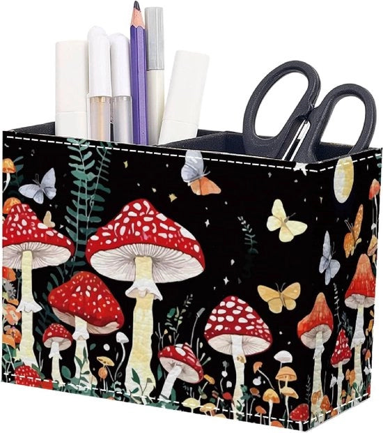 Organizzatore desktop rettangolare con design a fungo in PVC e pelle, adatto a pennarelli e decorativo per la camera da letto, con supporto per bicchieri in PU, per la gestione di pennarelli e borsette per trucco in ufficio e a casa.