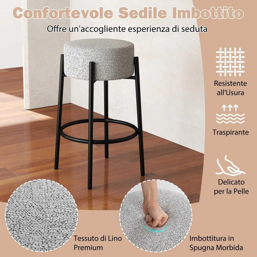 COSTWA Sgabello da Bar 48 x 48 x 68 cm, Sedia da Pranzo con Seduta Imbottita e Base in Metallo, Sgabello Imbottito inTessuto di Lino per Isola della Cucina e Sala da Pranzo, Grigio
