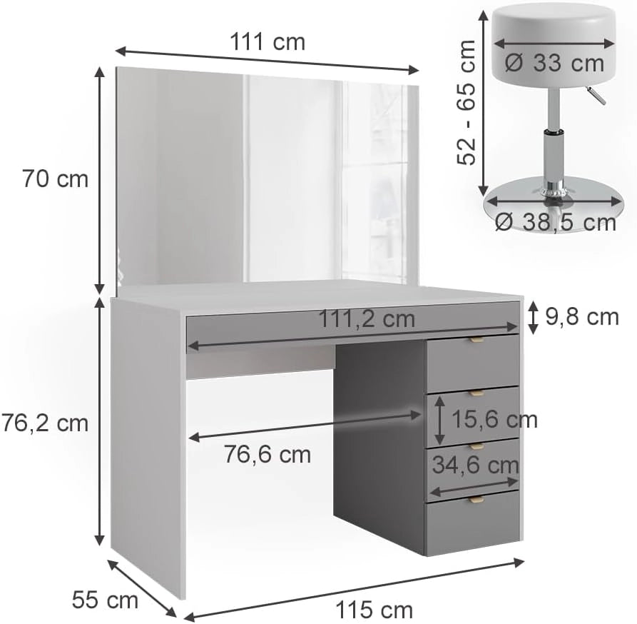 Tavolo da toeletta Elise, Bianco/grigio/grigio, 115 cm con sgabello, con sgabello regolabile in altezza e girevole a 360°