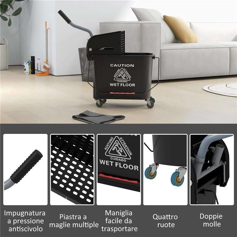 CARRELLO PER PULIZIE IN PLASTICA PP DA 20L CON SECCHIO E STRIZZATORE 60X27X70.5 CM NERO