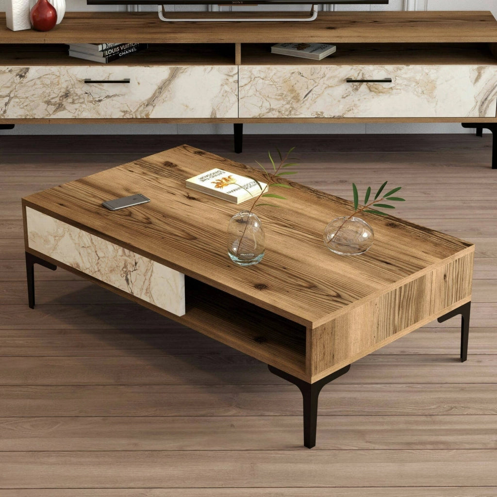 Tavolino da salotto Gru, Tavolo basso da caffè, Portariviste per divano, Ripiano da soggiorno, 105x60h33 cm, Noce e Bianco