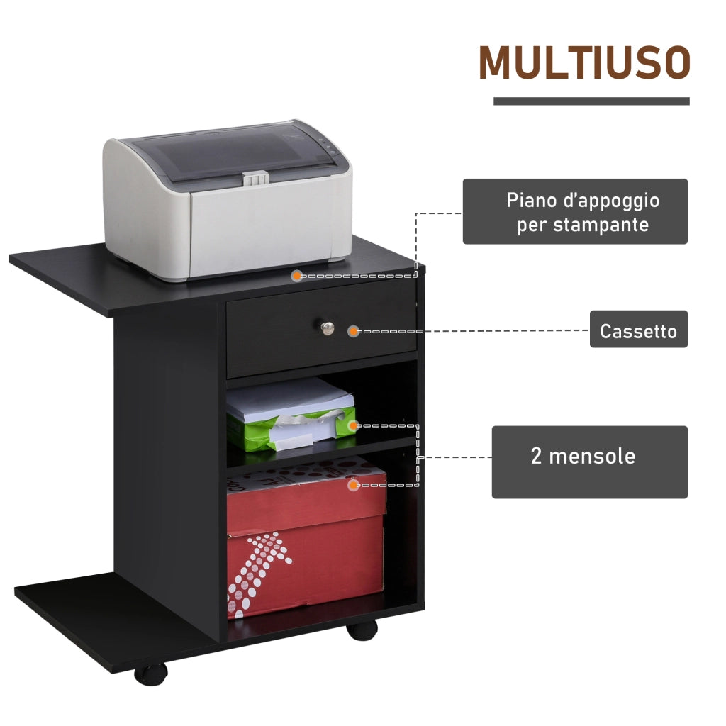 EasyComfort Mobile Porta Stampante in Legno Nero con 1 Cassetto, 2 Ripiani e Mensola CPU, per Ufficio 60x40x68.5cm