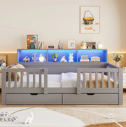 Letto per bambini 90x200 cm con sponda di sicurezza; cassetti; ripiani e LED; grigio