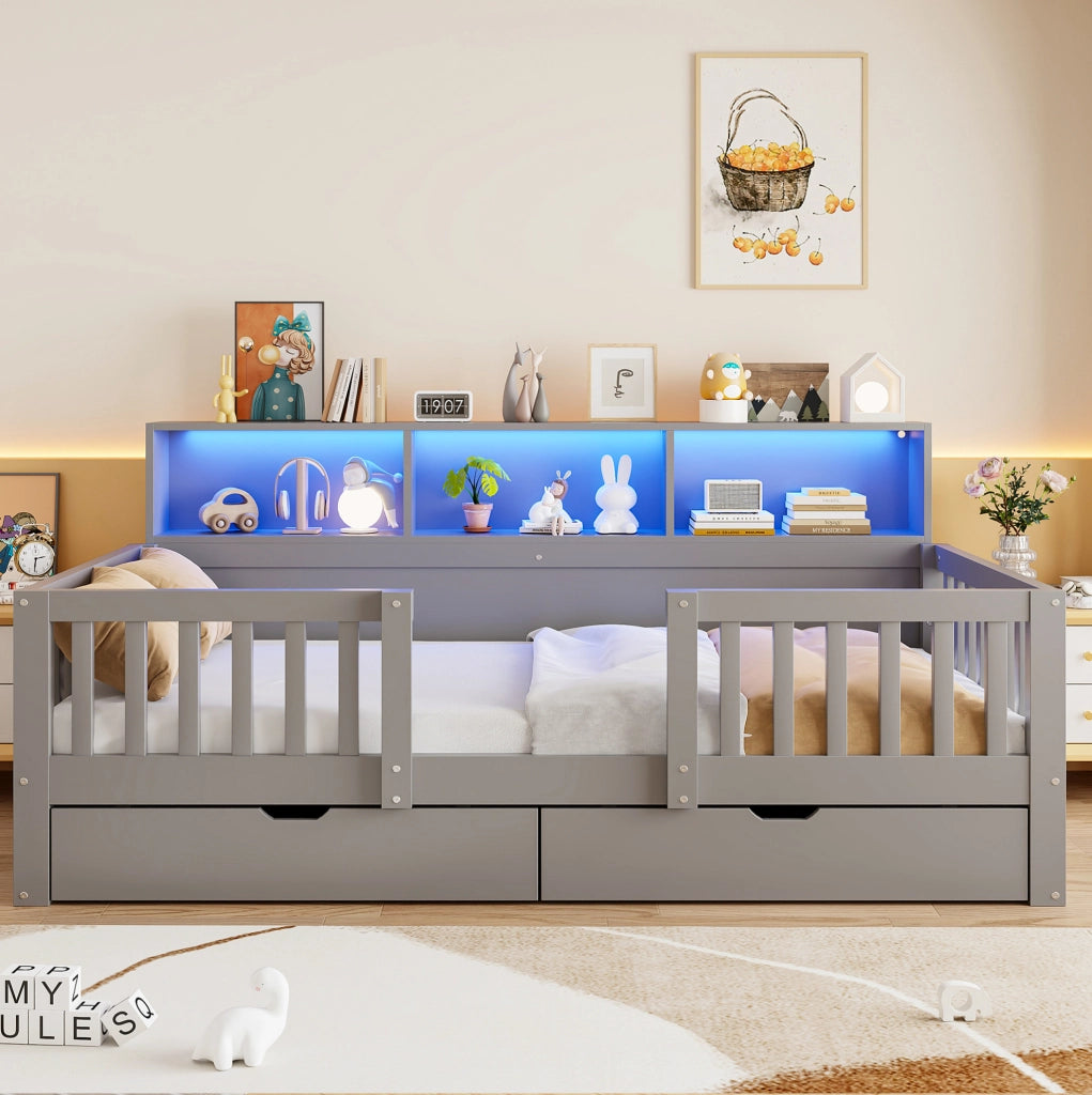 Letto per bambini 90x200 cm con sponda di sicurezza; cassetti; ripiani e LED; grigio