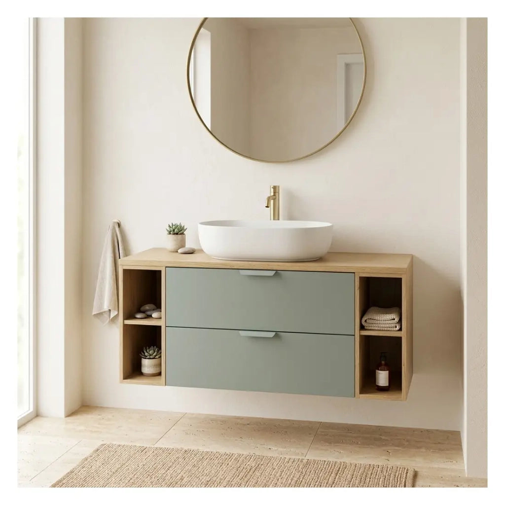 Insieme OSTER 120cm: mobile sotto lavabo con cassetti verde salvia e nicchie a vista + piano per lavabo effetto rovere chiaro
