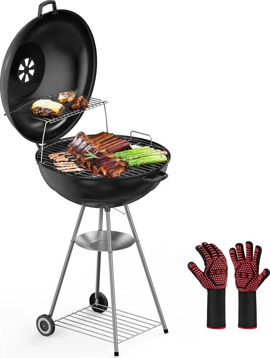 Griglia a carbone con coperchio, 57 cm, griglia premium e coperchio, con guanti da barbecue, griglia per 4-8 persone, per campeggio e festa di giardino
