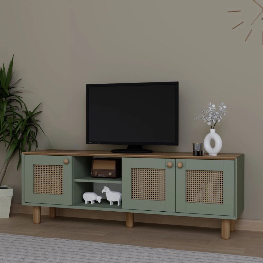 Porta TV in legno e canna "Bohemian" - 160 x 40 x 56 cm - Verde