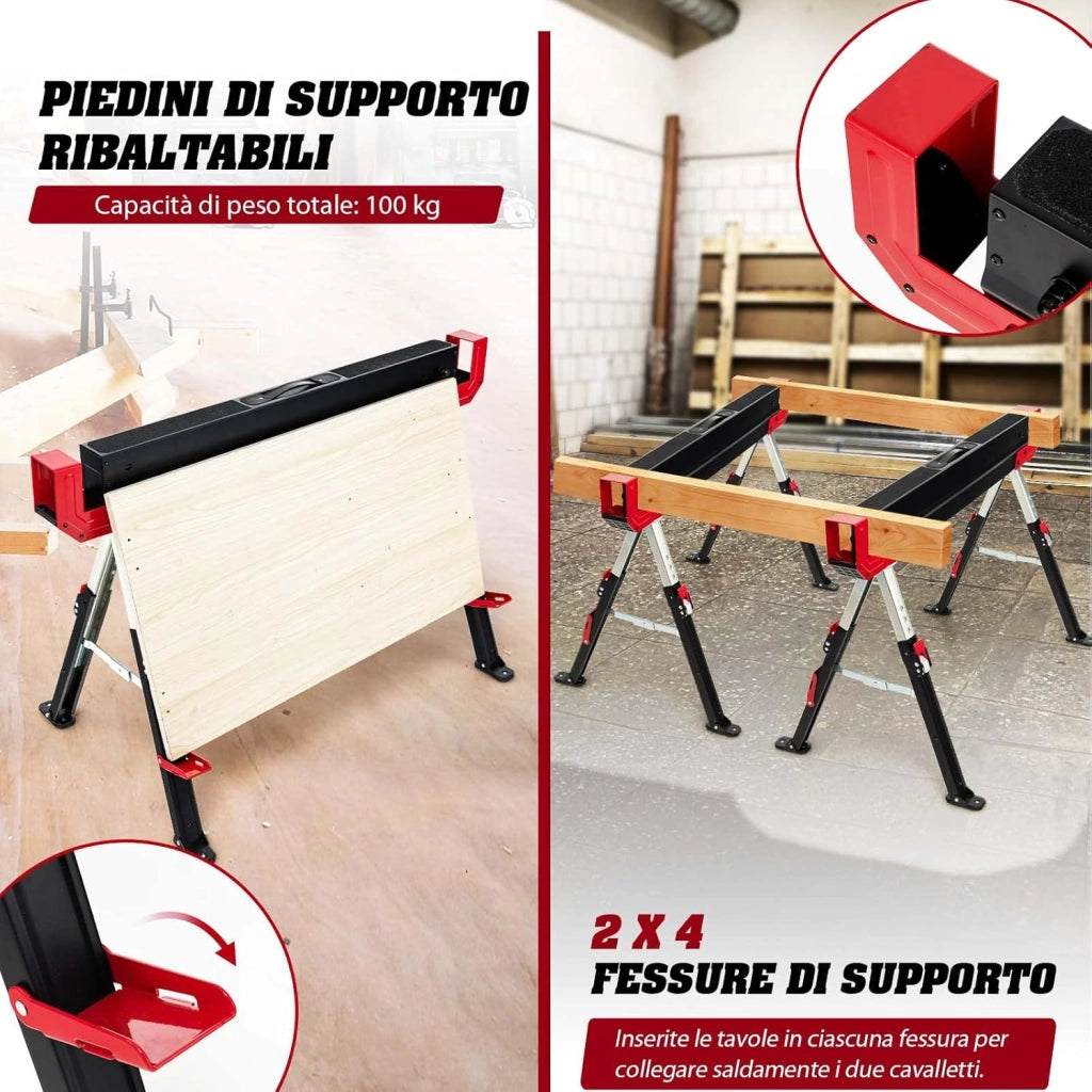 Set di 2 Cavalletti da Lavoro Pieghevoli, Cavalletto per Segare la Legna Regolabile in 9 Livelli, Cavalletto per Uso Interno ed Esterno, Carico Fino a 1180 kg (Modello 3)