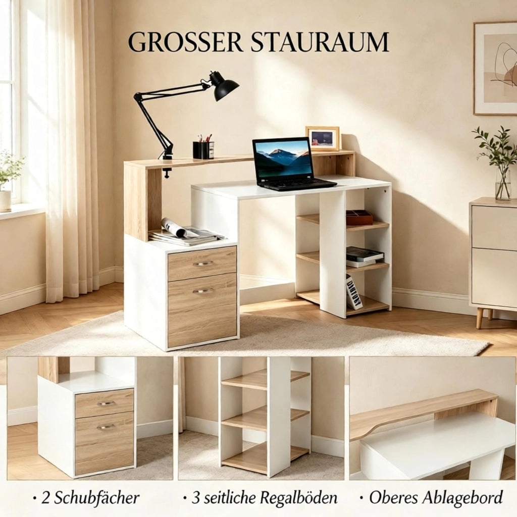 Scrivania compatta in MDF con cassetti e ripiani aperti, 137x55x92 cm, colori rovere e bianco
