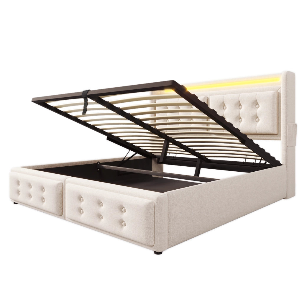 Letti contenitori 160x200 cm con LED e prese; cotone lino; beige (Senza materasso)