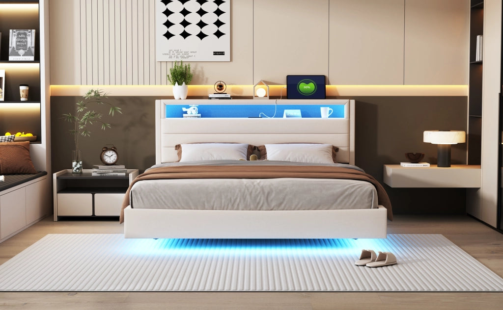Letto matrimoniale – 160x200 cm – USB LED testiera reversibile – lino beige